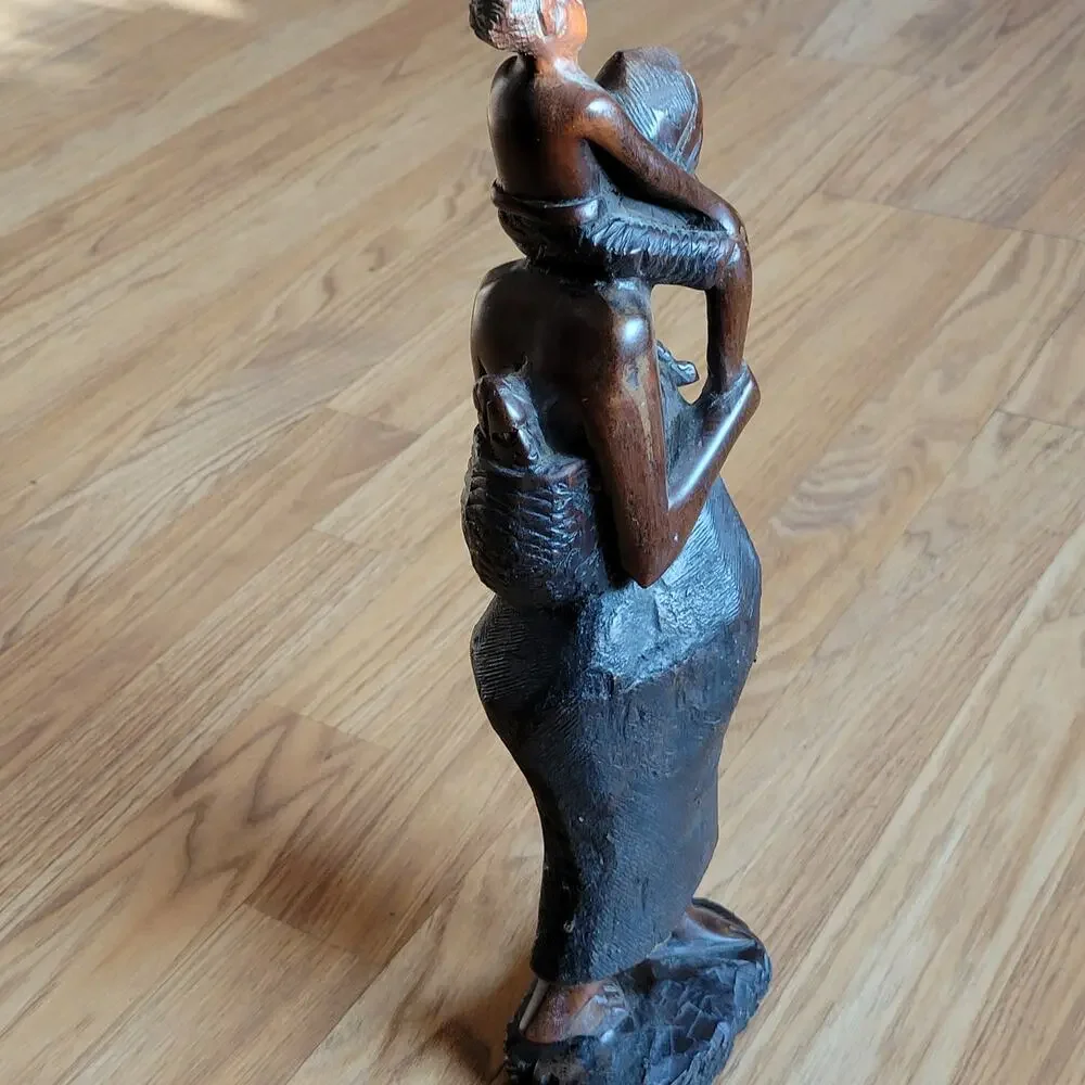 Vintage iron wood carving African women with child figurine sculpture